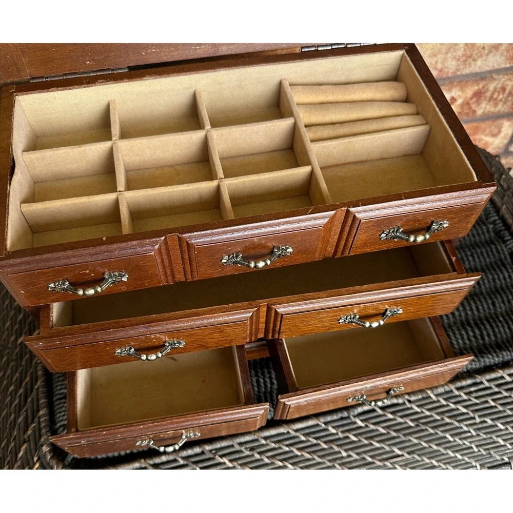 Vintage Wood Jewelry Box Armoire 5 Drawer Mirror Top Chest‎ Dark Brown Finish